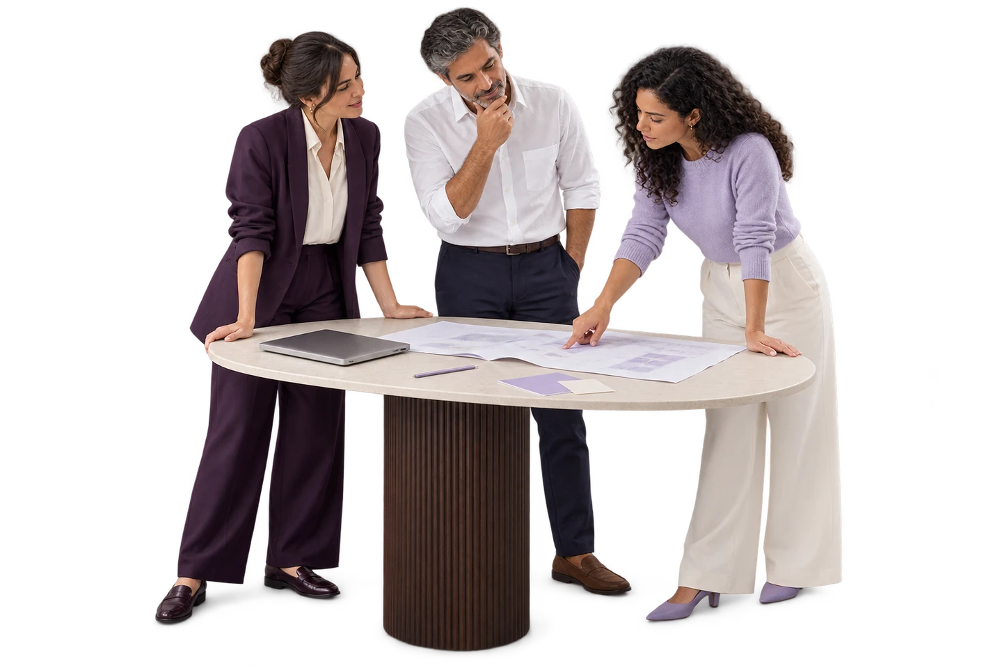 Tres profesionales trabajan juntos en un plan. Escena conceptual.