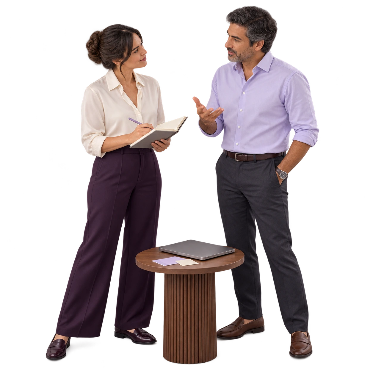 Dos profesionales conversan y toman notas para entender el negocio. Escena conceptual.