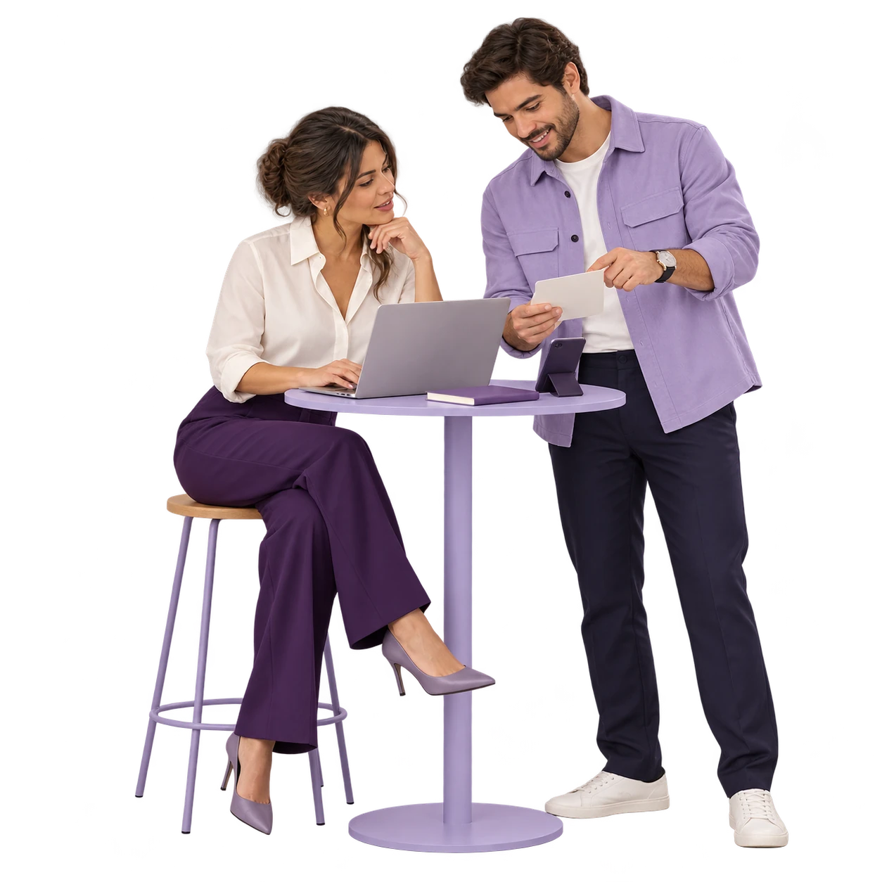 Dos profesionales coordinan trabajo comercial y canales digitales. Escena conceptual.