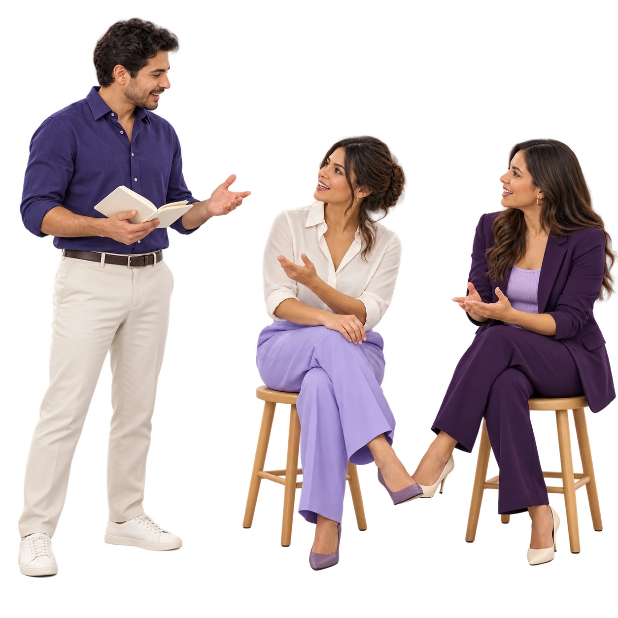 Un facilitador conversa con dos participantes durante una sesión. Escena conceptual.