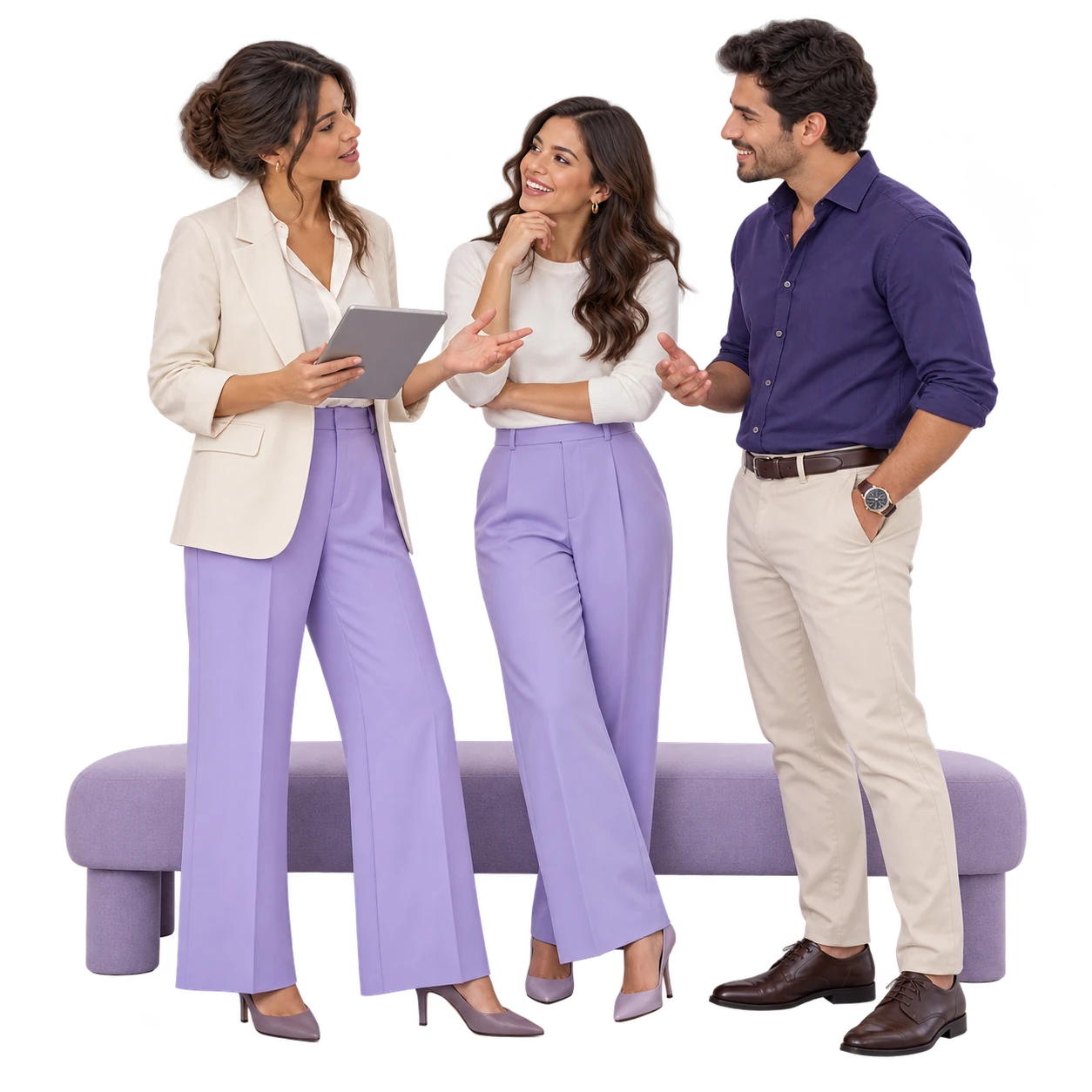 Tres profesionales coordinan decisiones en una conversación. Escena conceptual.