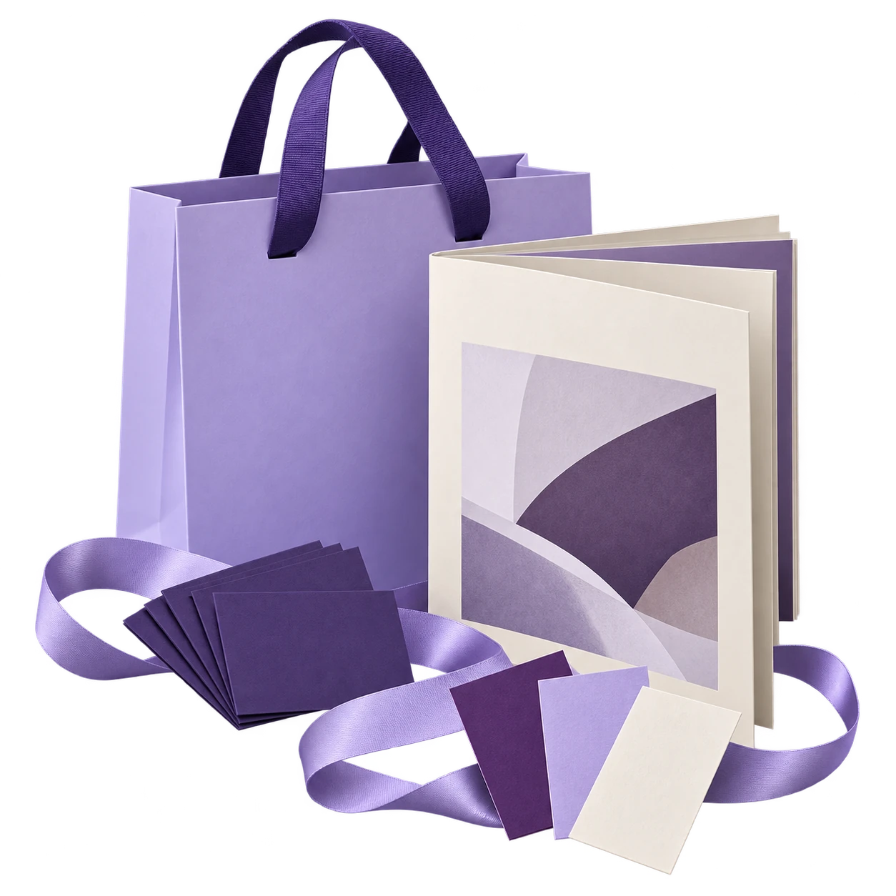 Piezas de identidad: bolsa, publicación, tarjetas y muestras de color. Escena conceptual.