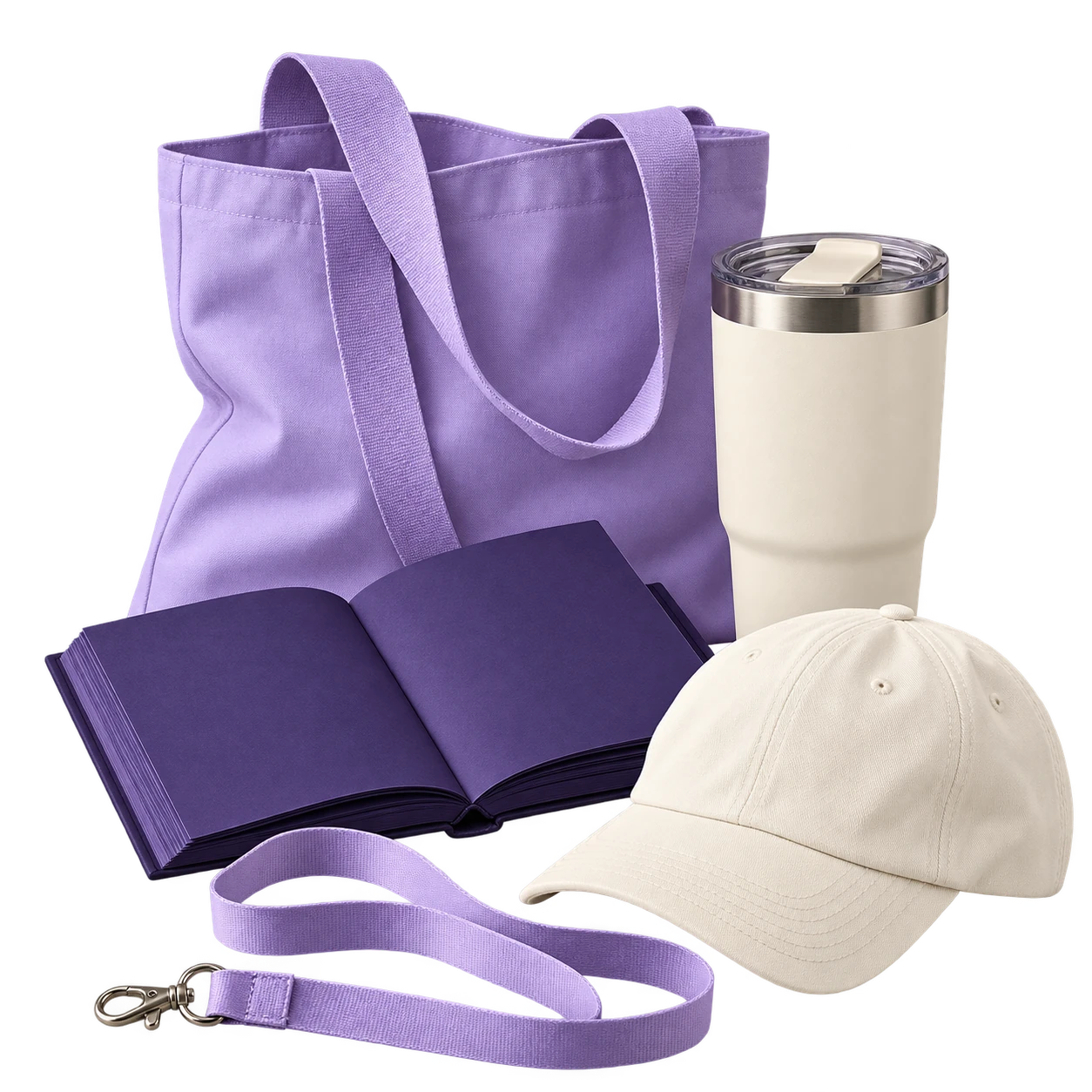 Bolsa, libreta, termo, gorra y cinta como aplicaciones de marca. Escena conceptual.